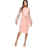 [page_title]-DIDK Damen Netz Figurbetontes Kleid Schlauch Kleider mit Knoten Gürtel Stickerei Blumen Applikation Bishop Knielang Bleistift Einfarbig Party, XS, Pink U-Boot Ausschnitt