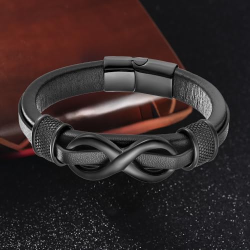 Infinity Bracelet for Men,Stainless Steel Silver/Black Men Infinity Leather Bracelet Wristband Cuff Bracelet 21 cm / 8.26 inches3