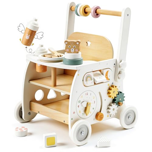 Image of labebe Wooden Baby Walker, Baby Push Walker Doll Stroller, Push Activity Walker for Kids 18M+, Adjustable Speed Learning Walking with Wheels, Birthday Gift for Girls Boys Ages 1-3