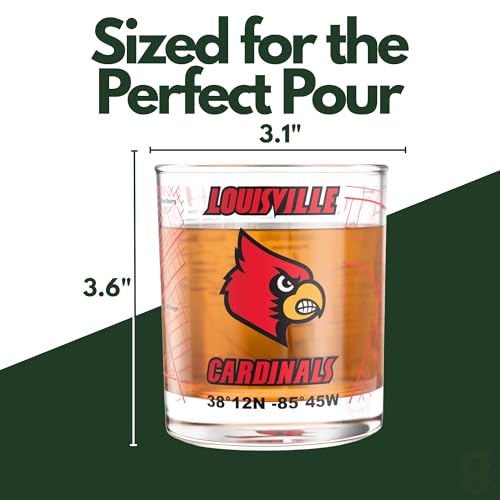Image of Greenline Goods University of Louisville Cardinals Whiskey Glasses Set of 2, 10 oz Rocks Glasses with Full-Color Logo & Campus Map - Officially Licensed Bourbon Glass Gift for Alumni & Fans