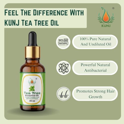 Image of KUNJ Tea Tree Essential Oil for Acne Care, Dandruff, Hair & Scalp Care 30ml | 100% Pure Steam Distilled Tea Tree Oil for Face, Nails, Diffuser & Aromatherapy | Natural Essential Oil