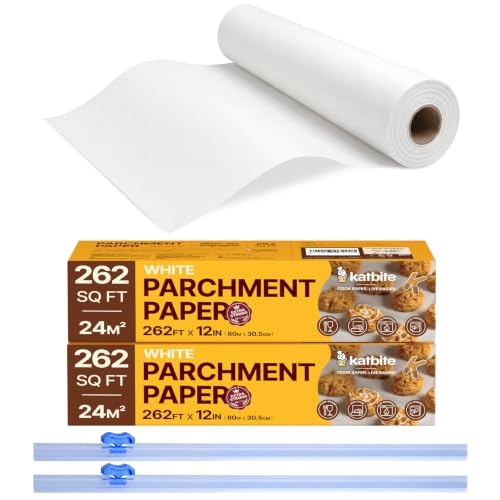 katbite Backpapier 2 Rolle 30 cm x 50 m, Verdickt Antihaft Pergament Papier mit Silikon Spachtel zum Kochen, Backen