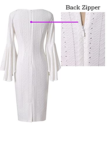 Vfshow Womens Off-White Jacquard Geometric Bell Sleeves Cocktail Party Semi-Formal Casual Bodycon Pencil Sheath Dress 7900 Wht S #TOP4