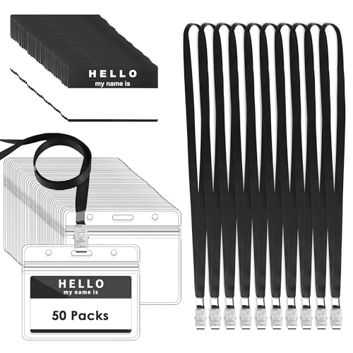 Gimars 50SETS Funda de Tarjeta Identificación PVC Transparente Portatarjeta Impermeable Horizontal con Clip Colgante Tarjeta Identificativa con Cinta de Cuello para Conferencias Empleados Ferias,Negra