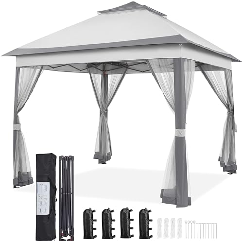 Yaheetech 11x11 Pop Up Gazebo Outdoor Canopy Shelter, Instant Patio Gazebo Sun Shade Canopy Tent with 4 Sandbags, 2 Tiers Roof & Mesh Netting for Lawn, Garden, Backyard & Deck, Gray