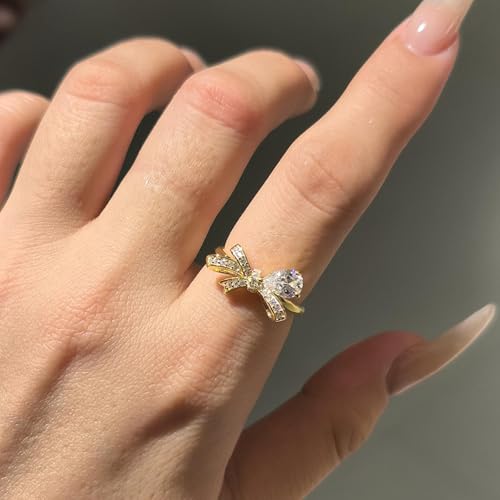 0.5CT Lab Grown Diamond Bow Ring, 18K White/Gold Plated Pear Cut D Color VVS1 Clarity Simulated Rings for Women, Wedding Engagement Anniversary Eternity Ring2