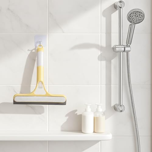 Image of 3 Pcs Squeegee for Shower Glass, 3 in 1 Window Scrubber, Spray, Sponge Wipe, Silicone Squeegee, for Car Window, Mirror, Tile Walls, with 6 Wall Hooks, Easy to Clean Kit, Yellow, Blue, White
