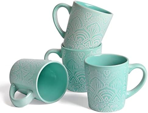 Hannah Choice Green Ceramic Coffee Mugs with Handle - Set of 4, 11oz/320ml Tea Cups for Home and Office - Dishwasher and Microwave Safe