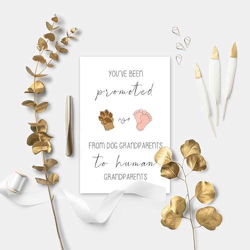 Image of Funny Pregnancy Announcement Card, 'Promoted from Dog Grandparents to Human Grandparents' Baby Reveal Card, Cute Keepsake Gift for New Grandma & Grandpa