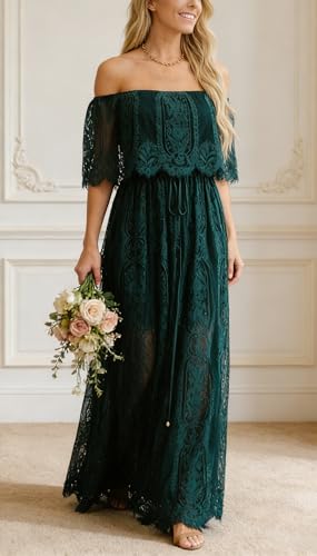 Image of HOYISHION Women's Off The Shoulder Floral Lace Maxi Dress White Bridesmaid Wedding Party Maternity Photoshoot Long Dresses