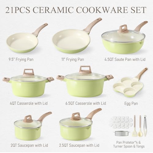 Image of CAROTE 21 Ceramic Cookware Set, Pots and Pans Set Non stick, Cook Ware Set Induction Kitchen Cooking Set Non-toxic Health Induction Cookware, PFAS Free