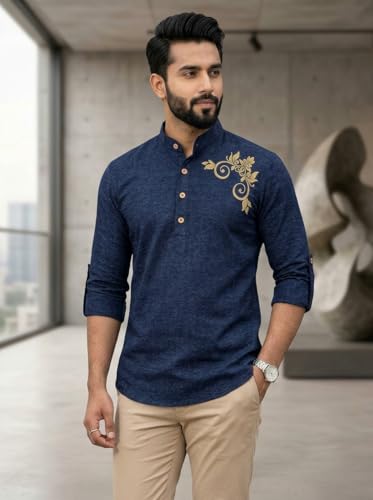 Image of DEEMOON Men's Full Sleeve Short Kurta Shirt with a Trendy Mandarin Collar Crafted from a Premium Cotton Blend for Comfort Ideal for Casual and Semi-Formal Occasions