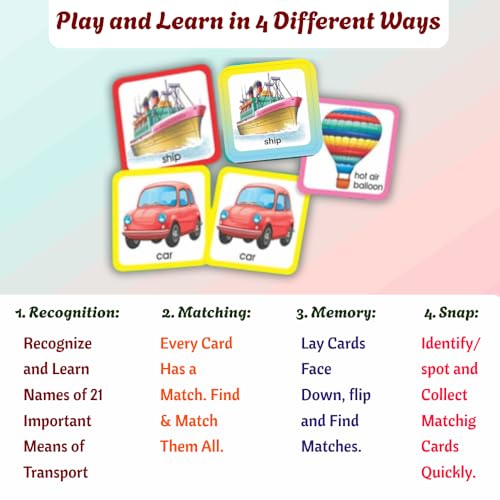 Image of Creative's Memory & Matching - Means of Transport | 21 Sets Self-Correcting Picture Cards + Activity Guide | Preschool Matching & Memory Card Game | Vocabulary Builder | Ages 3+