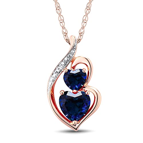 Created Blue Sapphire Necklace Heart in 10k Rose Gold with Diamond Accent - 18 Inch Rope Chain