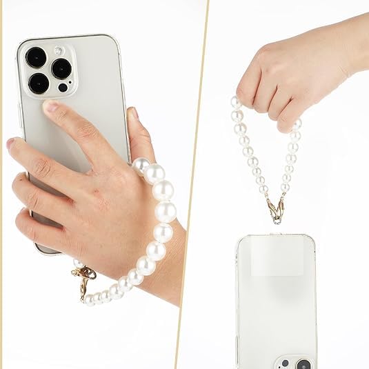 Image of KHOLAD White Bow Phone Chain Crossbody Pearl Strap | 2in1 Wrist & Shouler Crossbody Lanyard | Pearl Beads Charms Chain with Phone Tether Patches | Compatible with Most Phones, Bag, Purse