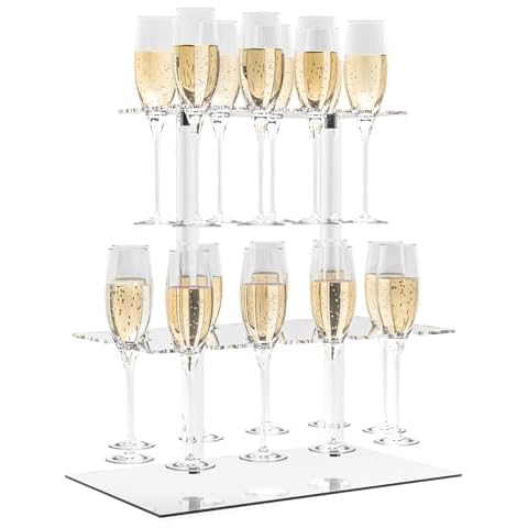 Champagne Display Holder Stand for Party, With 18 Slots, 2 Tier Clear Acrylic Wine Glass Stemware Rack Champagne Flute Holder with Led Light, Measures 16.5" x 15.7" x 11.8" Cover