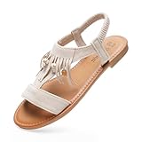 JOMIX Sandalias Mujer Boho con Elástico Tacón Bajo Cómodas para Playa y Ciudad Primavera Verano (BEIG,37)