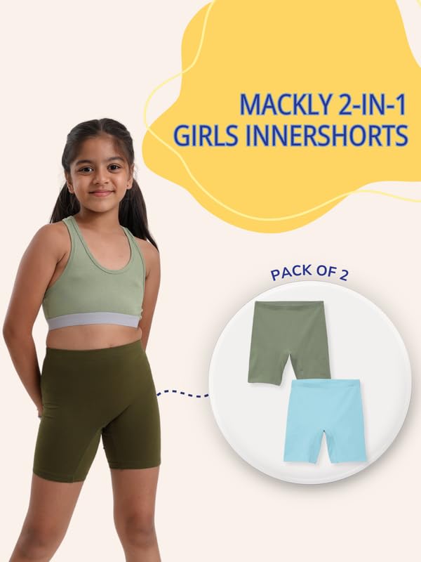 Image of mackly Girls Inner Shorts (Pack of 2) | 2-in-1 Seamless Panty Shorts with Gusset | Soft Breathable Base Layer for Dresses, Skirts
