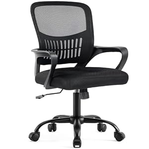 DUMOS Home Office Desk Chair – Ergonomic Mid Back with Lumbar Support & Rocking Mode, Height Adjustable with Fixed Armrest, for Conference, Computer, Meeting Room, 360° Swivel, Adults, Black