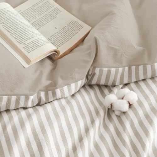 Image of Nayoroom Brown Striped Duvet Cover Queen Reversible White Taupe Bedding