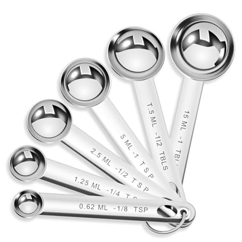 6 Pcs Stainless Steel Measuring Spoons Set, Metal Measure Spoons, Table Spoon Measuring Spoon for Coffee, Teaspoon Scoop, Includes 1/8, 1/4, 1/2, 1 TSP, 1/2 Tbsp, 1 Tbsp, Food Grade