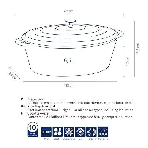 Foto von kela Bräter Gusseisen oval 6 Liter, Dutch Oven CALIDO, Induktion Gussbräter mit Deckel, Gusseisen Topf Brot backen, emailliert, schwarz