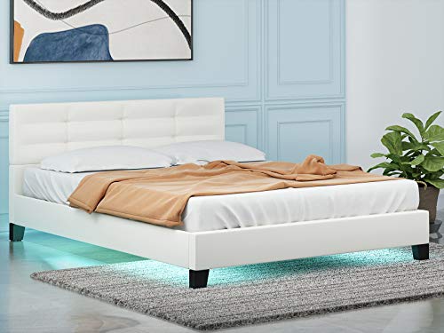 LAGRIMA Full Size LED Bed/Modern Upholstered Faux Leather Bed with 8 Color Changing LED Light / 2.8-Inch Solid Wooden Slats Support/White, Full