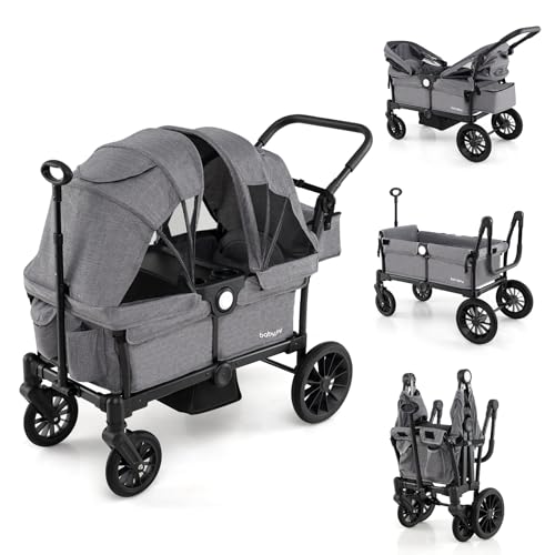 Image of BABY JOY Wagon Stroller for 2 Kids, Collapsible Push Pull Double Stroller Wagon with Adjustable Handle Bar, Removable Canopy, Safety Harness, Cup Holder, Snack Tray & Storage Bag (Gray)
