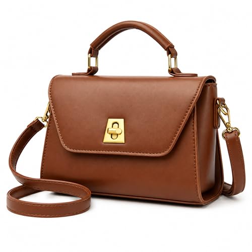 Image of Crossbody Bag for Women Shoulder Handbag PU Leather Satchel Purse with Top Handle Gold Turn Lock Adjustable Strap