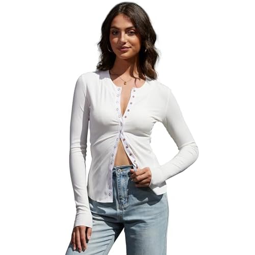 Cardigan for Women Lightweight Snap Button Down Shirts Ribbed Knit Long Sleeve Tops Crewneck Slim Fit Going Out Tops White Small
