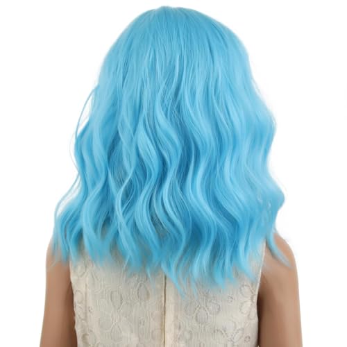 Image of PATTNIUM Kids Blue Wig Short Wavy Wig Light Blue Wig for Kids Cosplay Halloween Party Costume Heat Resistant Synthetic Wig for Girls (Light Blue)