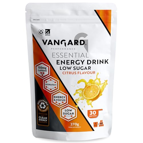 Vangard Essential Energy Drink Mix Powder – Citrus Flavour (270g, 30 Servings), Low Sugar Energy & Hydration Powder with Electrolytes and Vitamin B12
