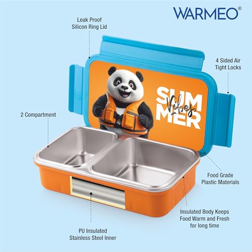 Image of WARMEO Cosmic 3D Print Insulated Lunch Box with Two Compartment BPA Free, Kids Lunch Box,Food Grade Ideal for School, Picnic,& Outdoor - 600 ml Panda, Stainless Steel