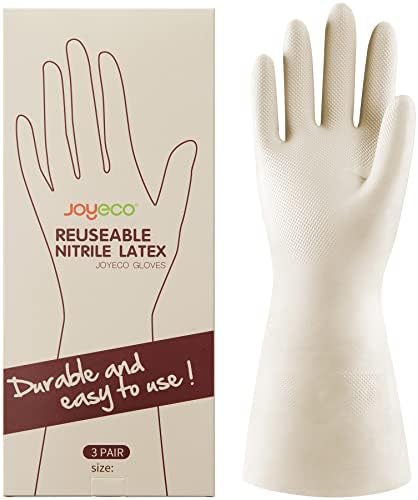 JOYECO Cleaning Gloves Dishwashing Kitchen Gloves Reusable Rubber 3 Pairs White, Medium