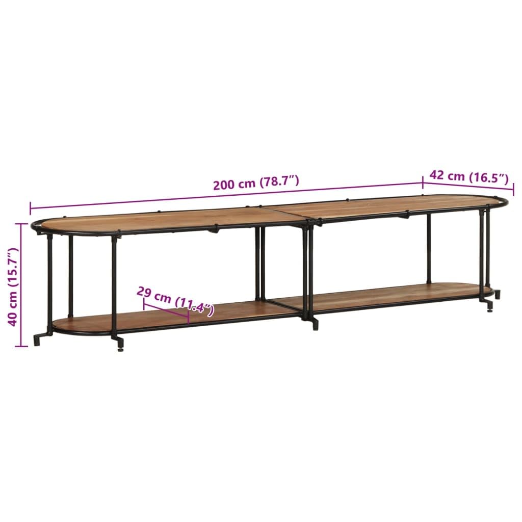 Scaffale per TV, 200 x 42 x 40 cm, in legno di acacia massiccio e ferro, con gestione dei cavi, spazio per TV, HiFi, CD, DVD e giochi, per soggiorno e camera da letto