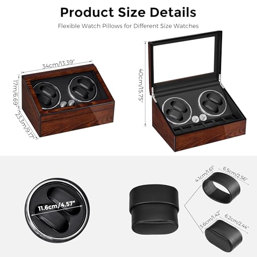BEWISHOME Watch Winders for Automatic Watches, Automatic Watch Winder Box Watch Spinner with LED Light, 4 Watch Winder with Quiet Running Motor and 6 Storage Case for Man/Woman's Watches, Brown SYQ01Y