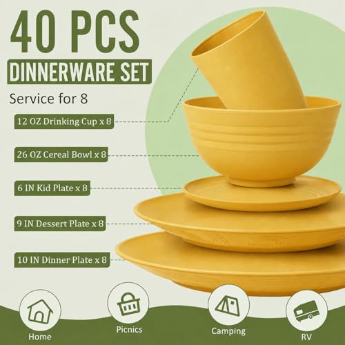 Image of 40 Piece Wheat Straw Dinnerware Sets for 8, Unbreakable Dish Set, Plates and Bowls Sets for 8, Lightweight Kitchen Dishware Set for Camping, Picnic, and Famliy Everyday Use - Yellow