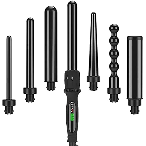PARWIN PRO BEAUTY Curling Iron Set 7 in 1 Interchangeable Barrels Dual Voltage Hair Curler LCD Display Tourmaline Ceramic Curling Iron with Heat Resistant Glove, Black 7 Sizes - Standard Cover