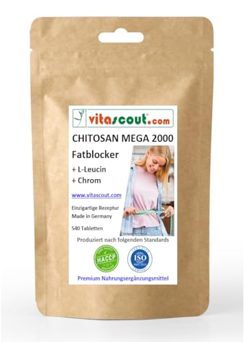 CHITOSAN MEGA 2000 + L-Leucin + Chrom - 540 Tabletten - Fatblocker - Neue verbesserte Rezeptur - Hochdosiert - Ohne Magnesiumstearat - Unterstützt normalen Fettstoffwechsel und Blutzuckerspiegel
