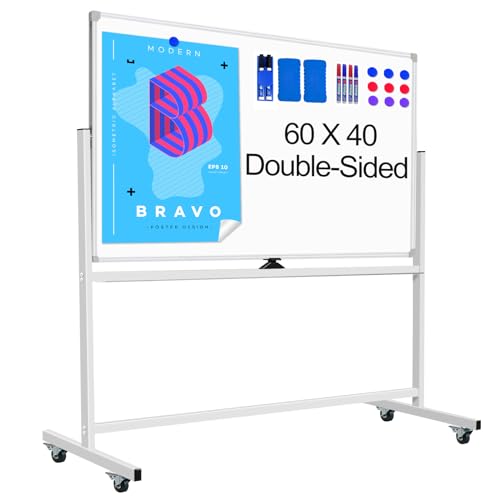 CALENBO Mobile Whiteboard on Wheels 60 X 40, Double-Sided Large Rolling White Board Dry Erase Board with Stand, Magnetic Whiteboard with Stand, Portable Standing Whiteboard for Home Office School