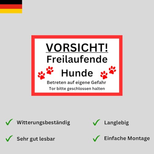 Vorsicht freilaufende Hunde Schild 30cm x 20cm Gartenzaun Gartentor Warnschild Witterungsbeständig Einbruchschutz 3mm Hartschaumplatte