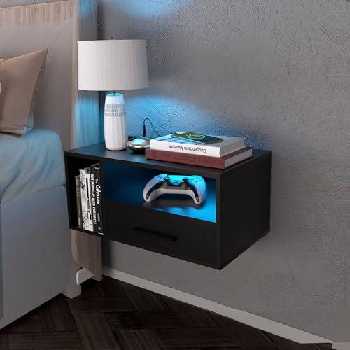 Bloddream Floating Nightstand with Charging Station and LED Light Strips, 21.3' Night Stand with Drawers, Floating Bedside with USB Ports and Outlets, Bedroom Furniture, Black