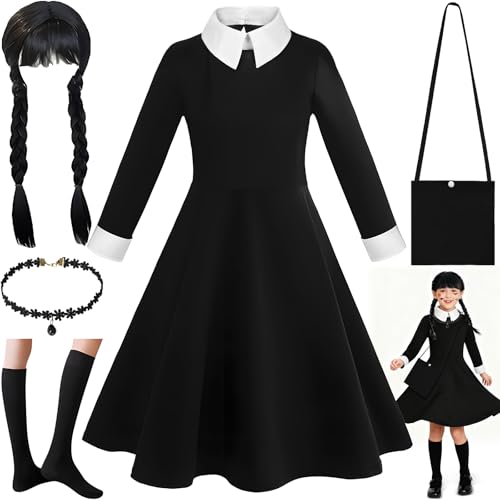 ZZXLOPEZ Halloween Kostüm für Kinder, Wednesday Kostüm, Damen Cosplay Party Kleider Schwarz mit Perücke, Schmuck Zubehör, Schwarz Kleid für Karneval Halloween Fasching Geburtstag Cosplay (150cm)