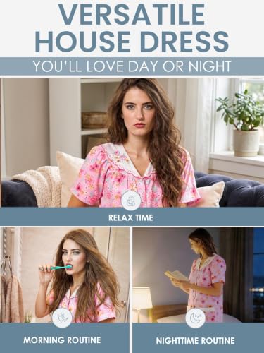 Image of Casual Nights Women's Snap - Front House Dress Short Sleeve Woven Housecoat Duster Lounger Robe with Pockets