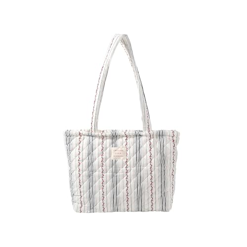 Image of Floral Quilted Cotton Shoulder Bag for Women Daily Use Medium Size Handbag Large Capacity Thickened Design Tote