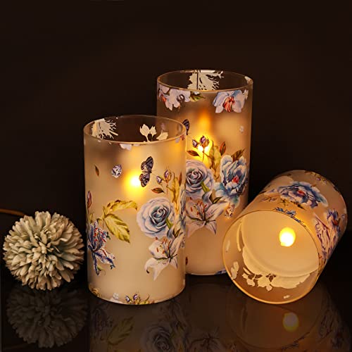 Taomika Flameless Candles , Love Theme Battery Operated Led Candles With Remote, Blue Peony Butterfly Rose Decor Glass Candles For Christmas, Wedding, Bedroom Decor &Mother Gifts (Blue Flowers Set) #TOP6