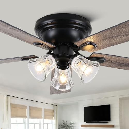Image of Dawn Whisper 60 Inch Farmhouse Flush Mount Ceiling Fans with 3 Lights Bulbs Base Vintage Low Profile Ceiling Fan for Living Room Bedroom