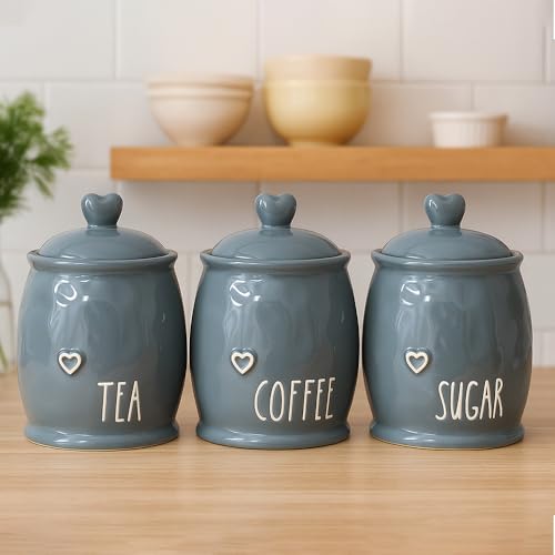 BMLIMITED Ceramic Tea Coffee Sugar Canister Set White Kitchen Storage Jars with Heart Lids Rustic Farmhouse Countertop Pots UK Kitchen Accessories (Grey)