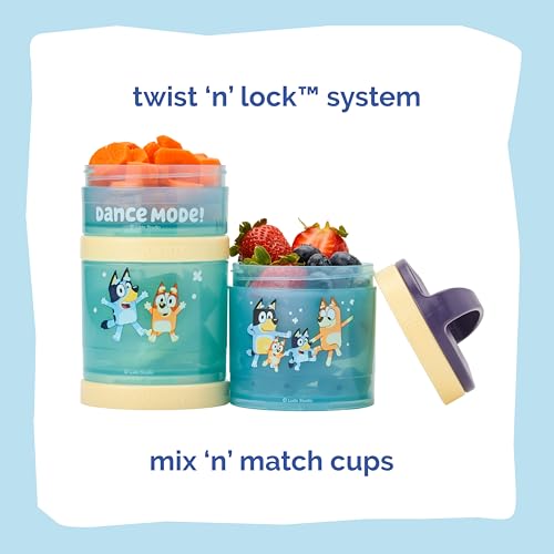 Image of Whiskware Bluey Stackable Snack Containers for Babies, Toddlers, and Kids, 3 Stackable Snack Cups for School and Travel, Cupholder Friendly, Bluey, Bingo, Bandit Heeler, and Chilli, Dance Mode!