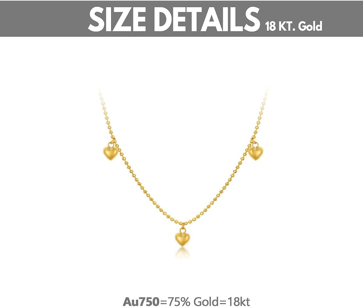 18K Yellow Gold Heart Necklace for Women, Real Gold Italian Beads Chain Puffed Heart Pendant Necklace Love Jewelry 18" - Image 6
